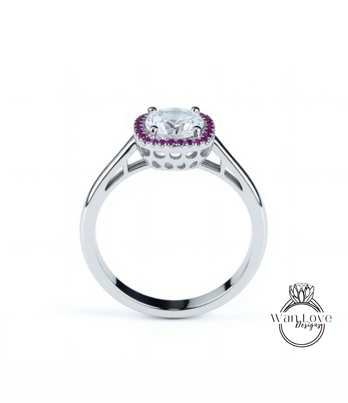 A silver ring with a large central gemstone surrounded by a halo of smaller purple stones.