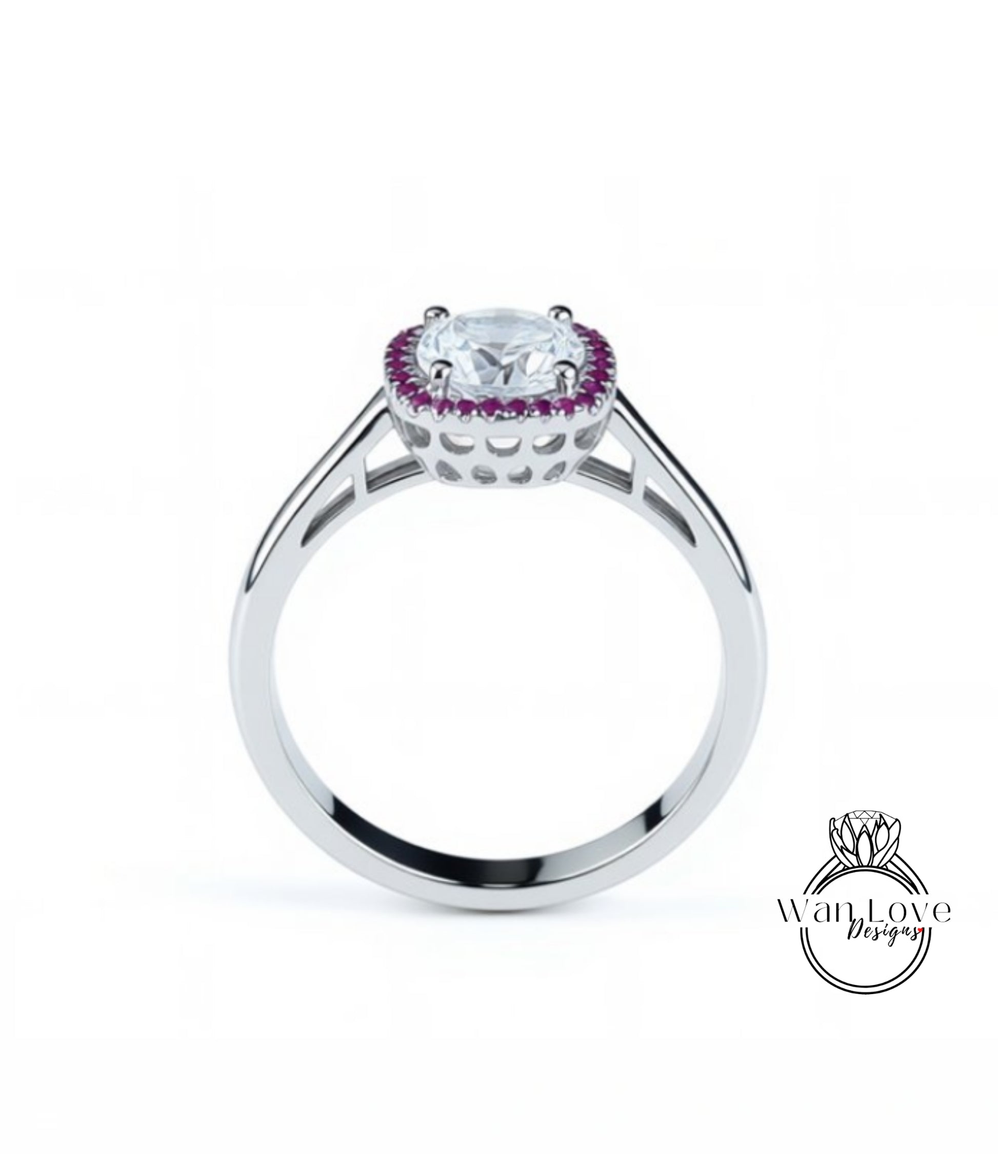 A silver ring with a large central gemstone surrounded by a halo of smaller purple stones.