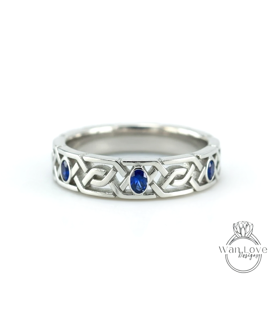 Celtic Knot Diamond Mens Wedding Band, Celtic Pattern Band, 14k White Gold Braided Ring, Mens Promise Band, Mans Birthstone Commitment Band