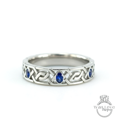 Celtic Knot Diamond Mens Wedding Band, Celtic Pattern Band, 14k White Gold Braided Ring, Mens Promise Band, Mans Birthstone Commitment Band