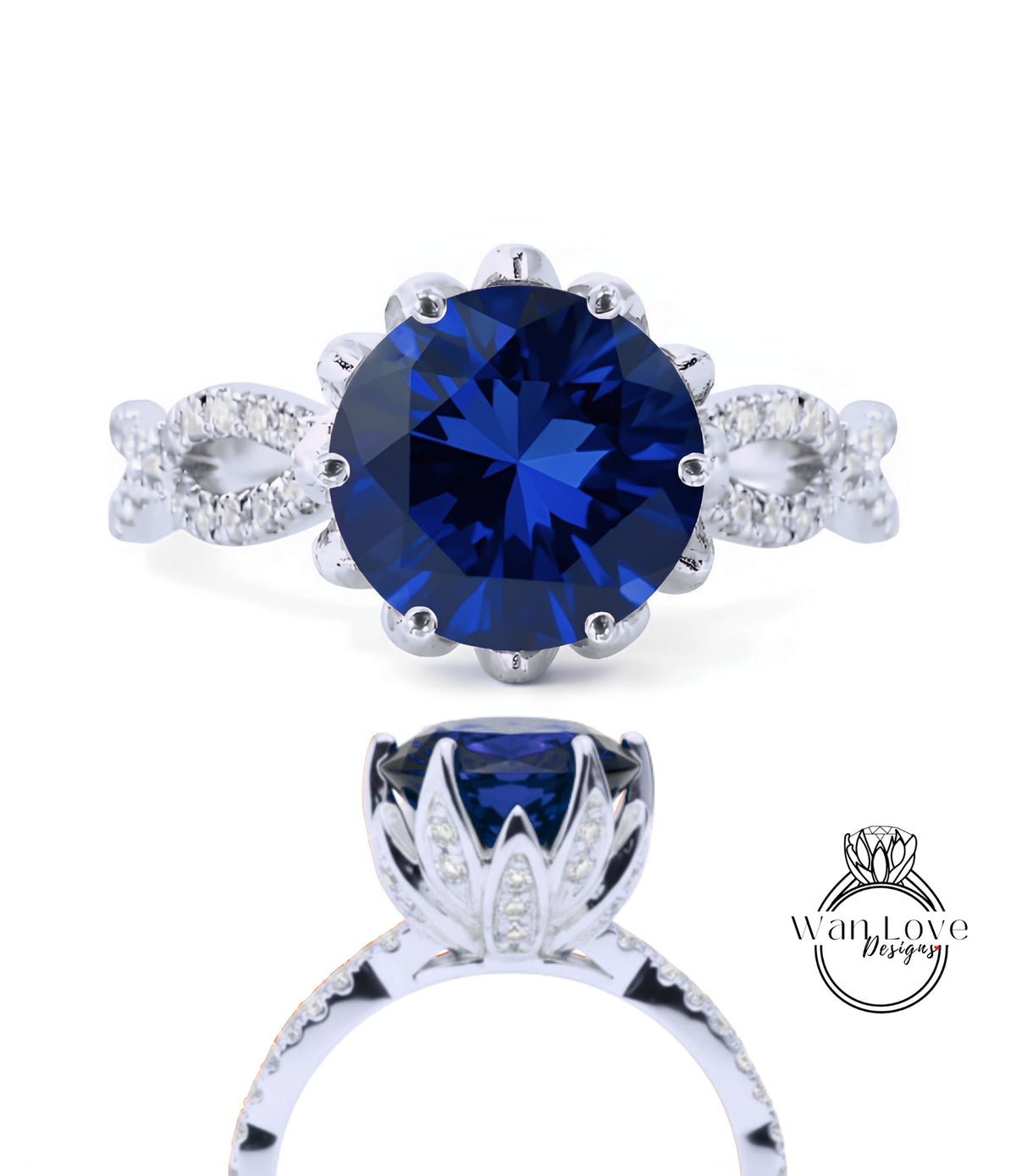 a stunning blue gemstone ring with a large central blue gemstone surrounded by smaller diamonds. The ring is set in a silver band with a delicate floral design.