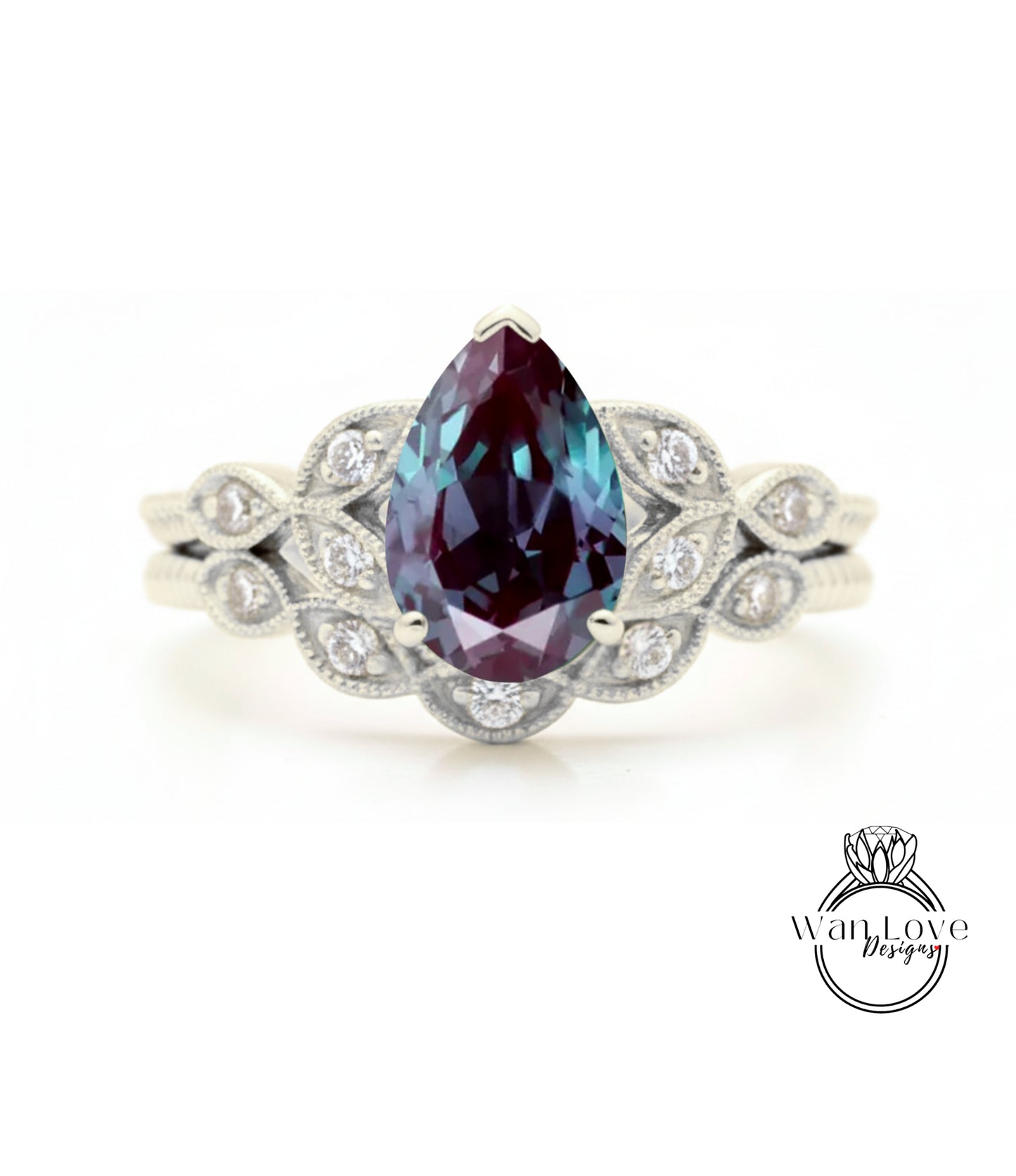 A silver ring with a large, deep purple gemstone at the center, surrounded by smaller diamonds.