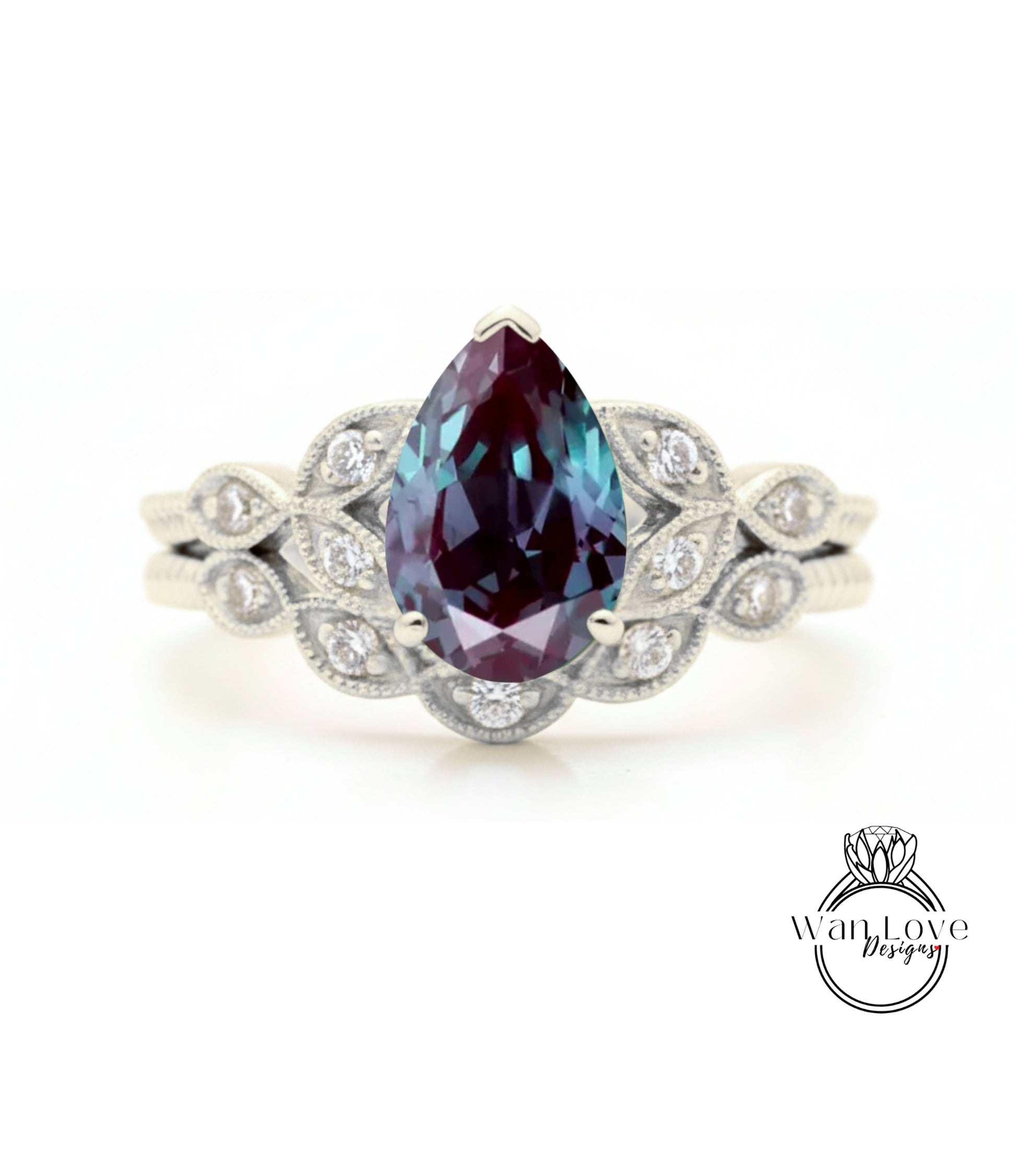 A silver ring with a large, deep purple gemstone at the center, surrounded by smaller diamonds.