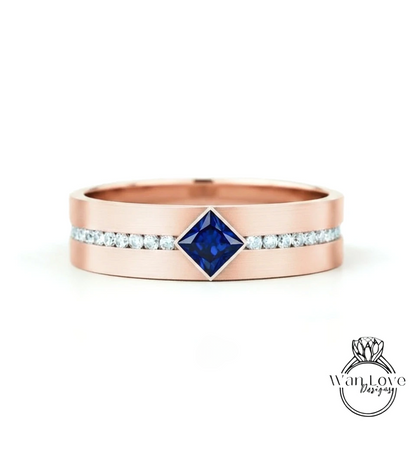 Diamond Mens Wedding Band, Princess Cut kite Set Diamonds Mens Wedding Band, Solid Gold 10k/14k/18k Wedding Ring, Mens Birthstone Ring