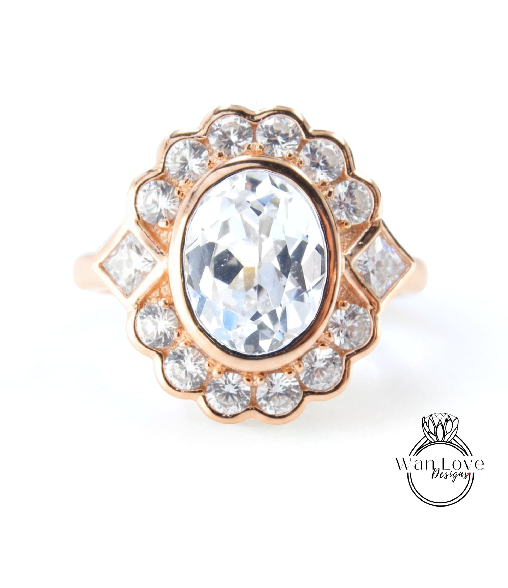 A gold ring with a large oval-shaped gemstone at the center, surrounded by smaller diamonds.