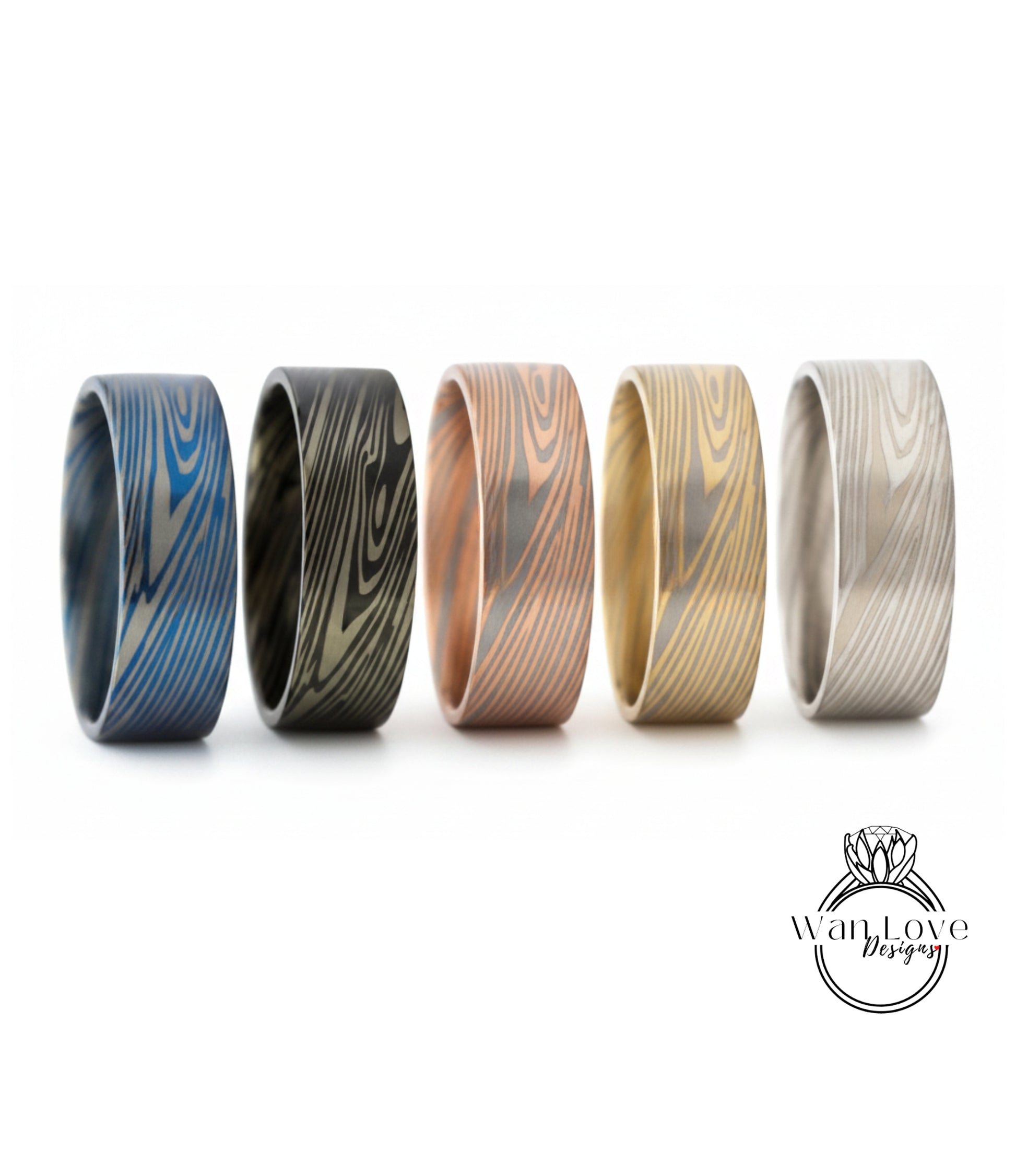 five rings with unique wood grain patterns, each in a different color.