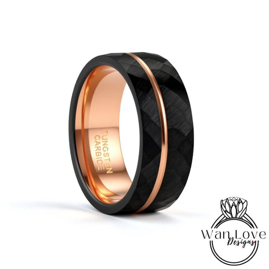Tungsten Black Hammered Ring - Black Rose Gold Tungsten - 8mm Hammered Band - Hammered Tungsten Band - Stripe Wedding Bands - Striped Band Wan Love Designs