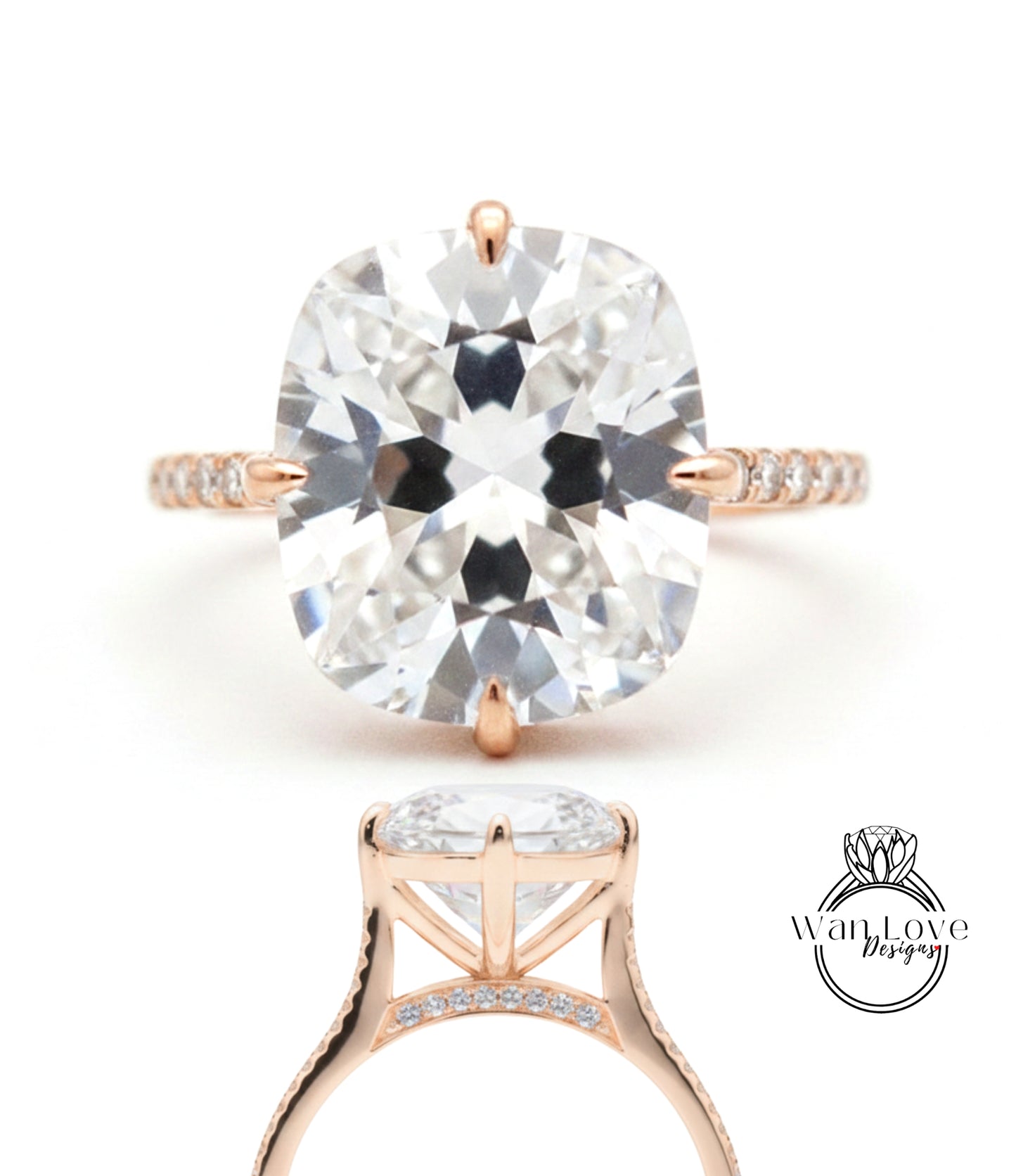 A large, clear diamond engagement ring with a gold band and a prominent central diamond.