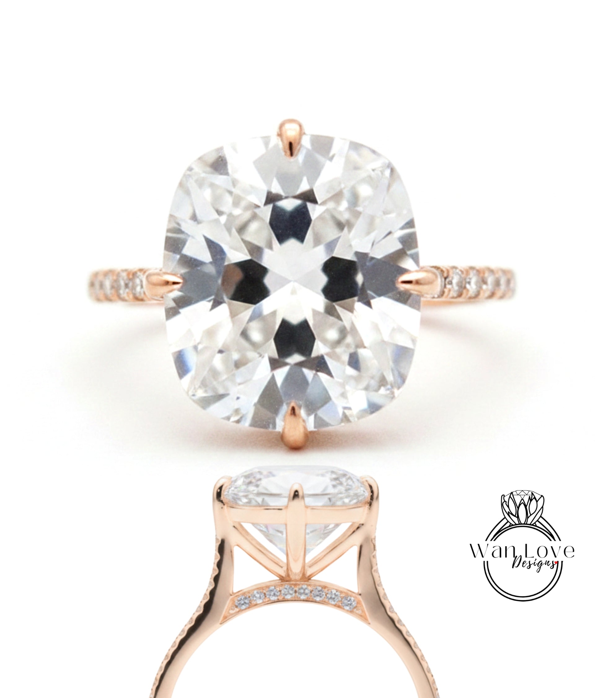 A large, clear diamond engagement ring with a gold band and a prominent central diamond.