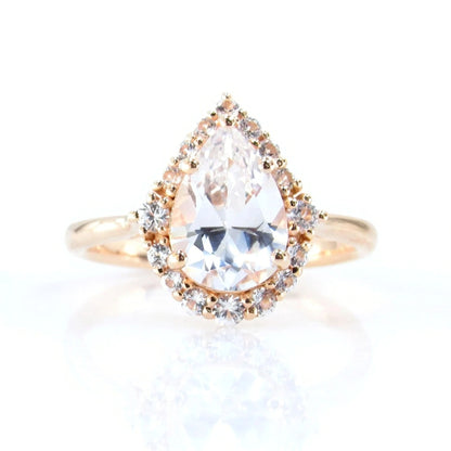 Pear shape White Sapphire engagement ring rose gold vintage unique ring women Graduated Cluster Halo/Sapphire Promise gift-Ready to Ship Wan Love Designs