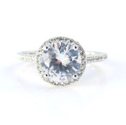 Round shaped White Sapphire engagement ring art deco ring 2ct halo diamond half eternity ring vintage alternative bridal wedding ring Wan Love Designs