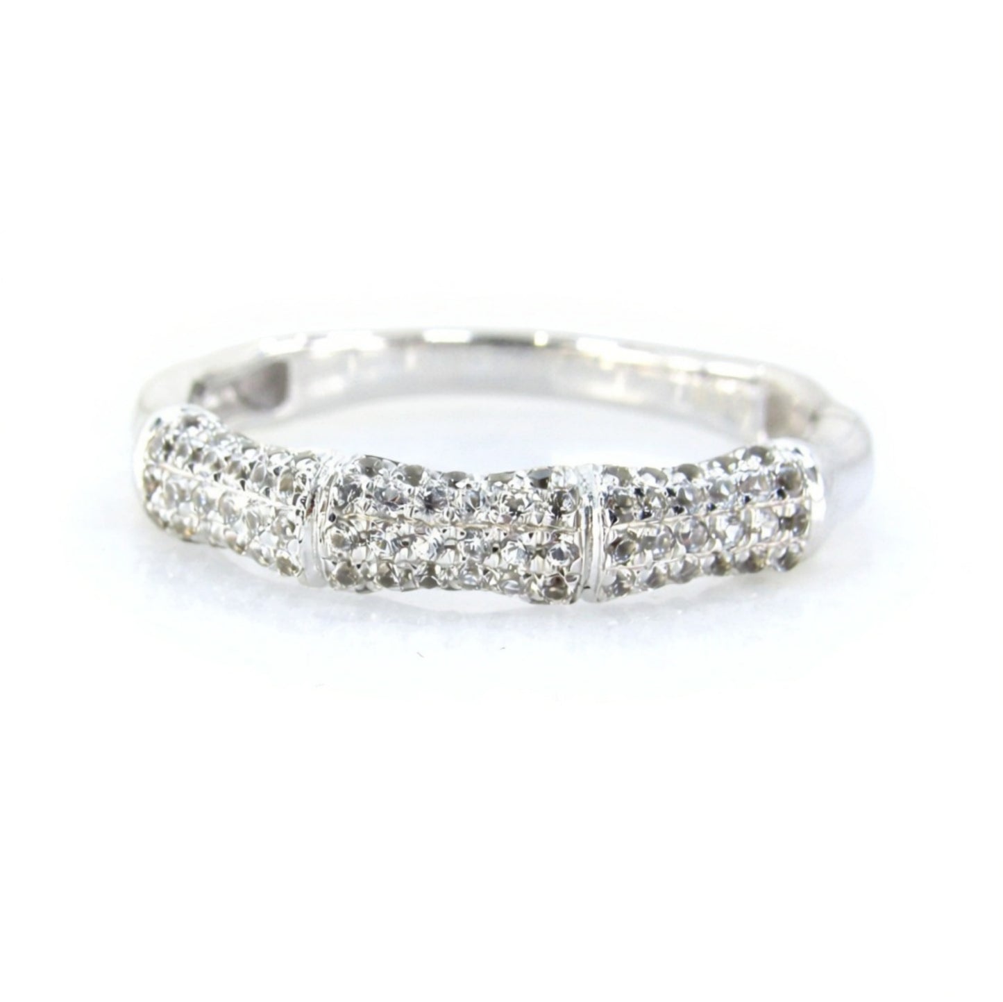 White Sapphire Bamboo Wedding Band Nature Ring Notched Half Eternity Pave White Gold ring unique matching bridal anniversary ring-Ready