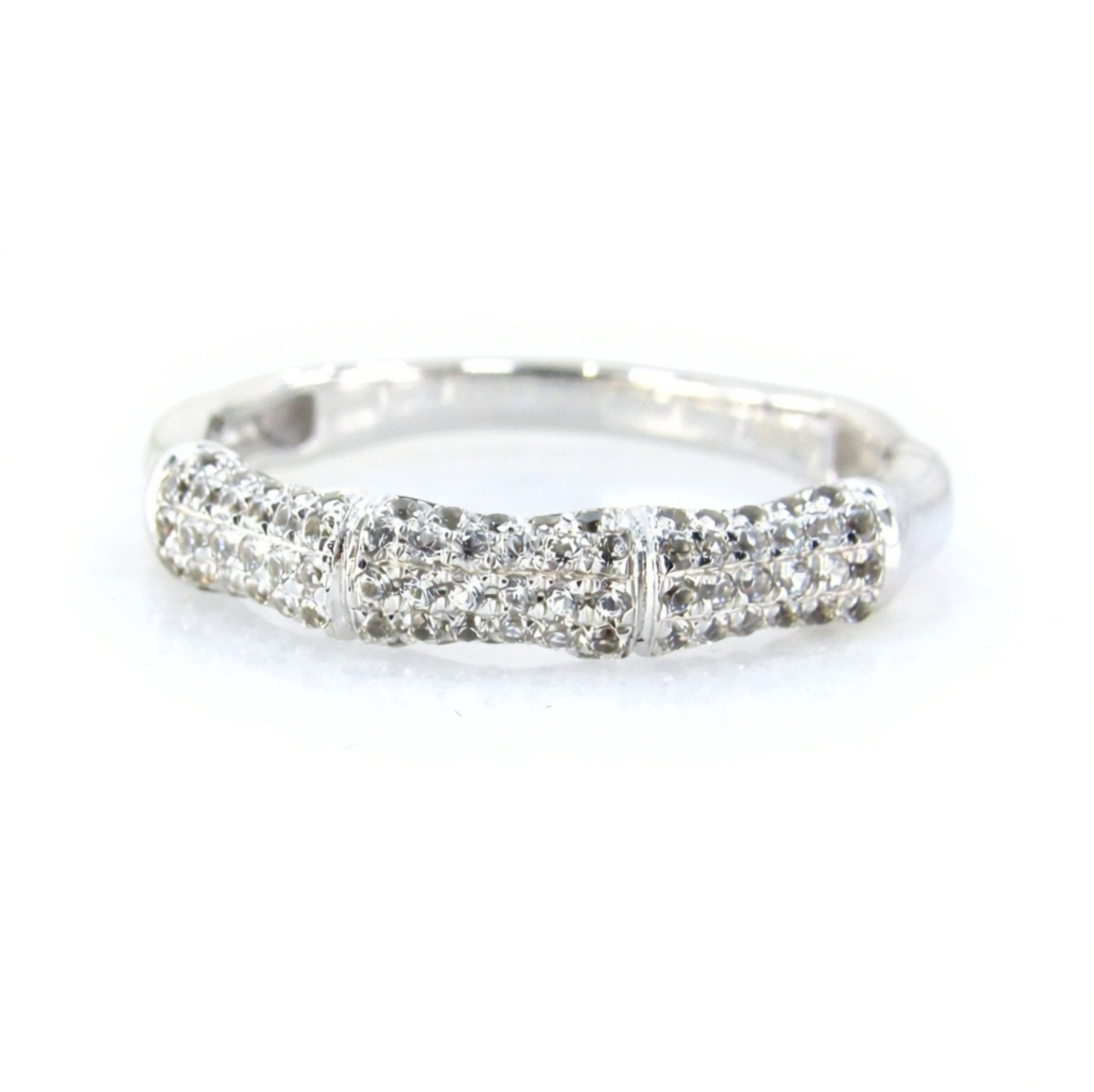 White Sapphire Bamboo Wedding Band Nature Ring Notched Half Eternity Pave White Gold ring unique matching bridal anniversary ring-Ready