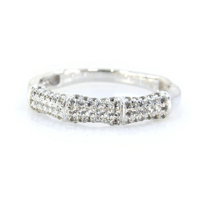 White Sapphire Bamboo Wedding Band Nature Ring Notched Half Eternity Pave White Gold ring unique matching bridal anniversary ring-Ready