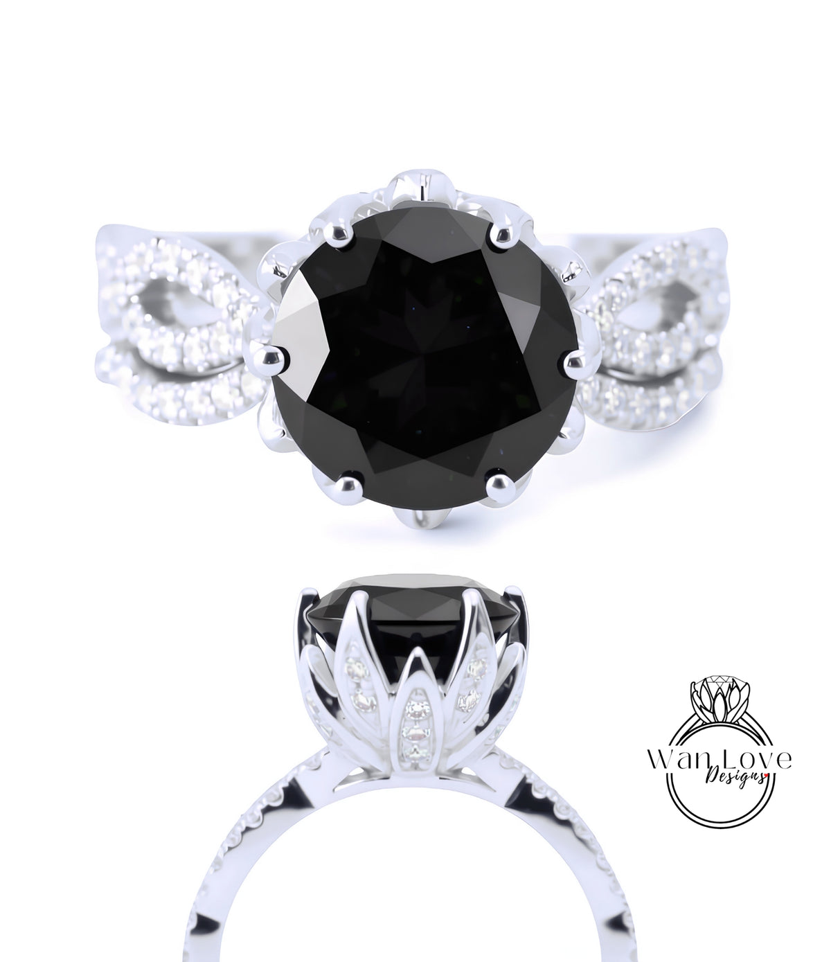 a silver ring with a large black gemstone, likely a diamond, as the centerpiece. The ring has a floral design around the gemstone, adding an elegant touch to the overall design.