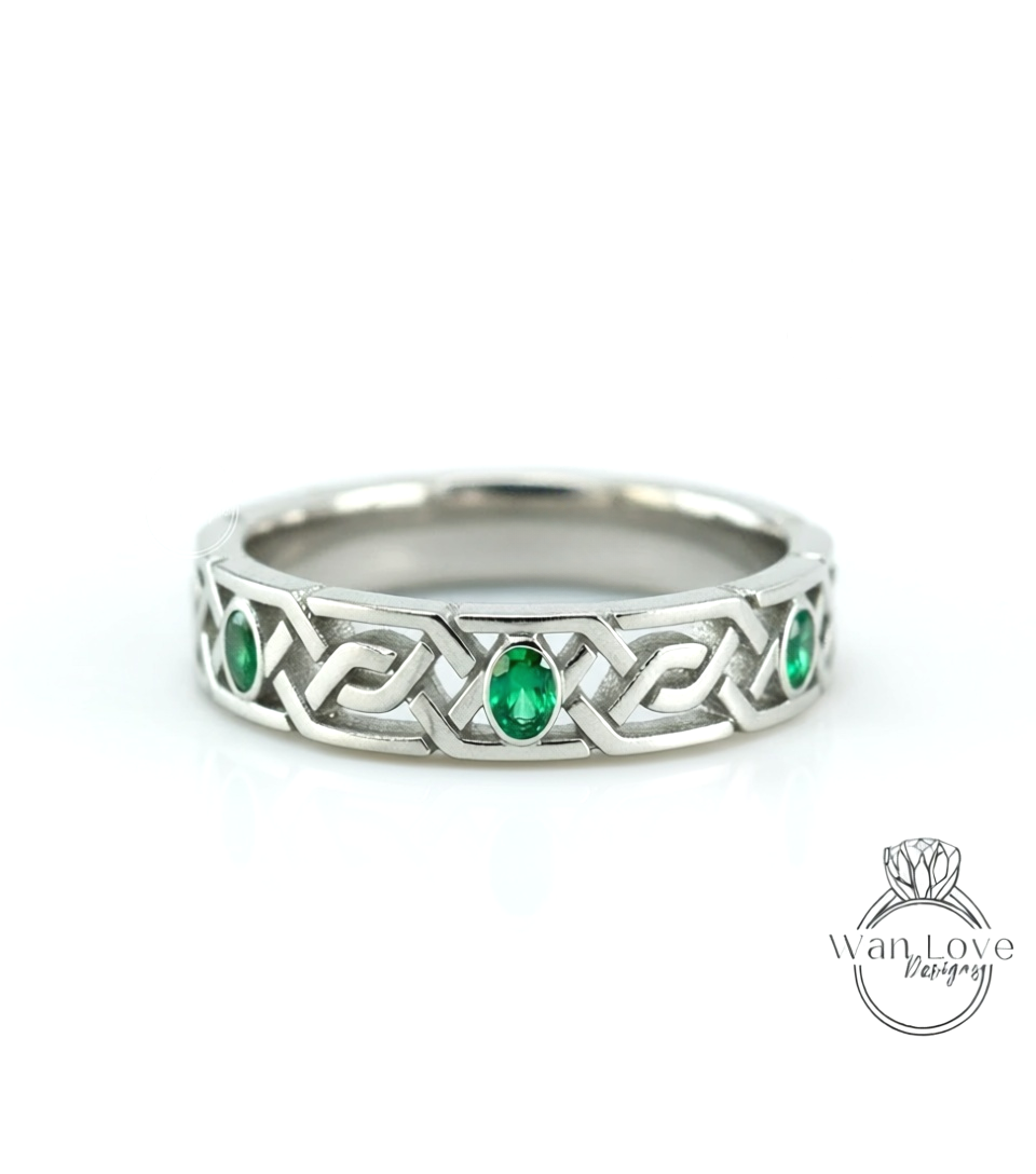 Celtic Knot Diamond Mens Wedding Band, Celtic Pattern Band, 14k White Gold Braided Ring, Mens Promise Band, Mans Birthstone Commitment Band