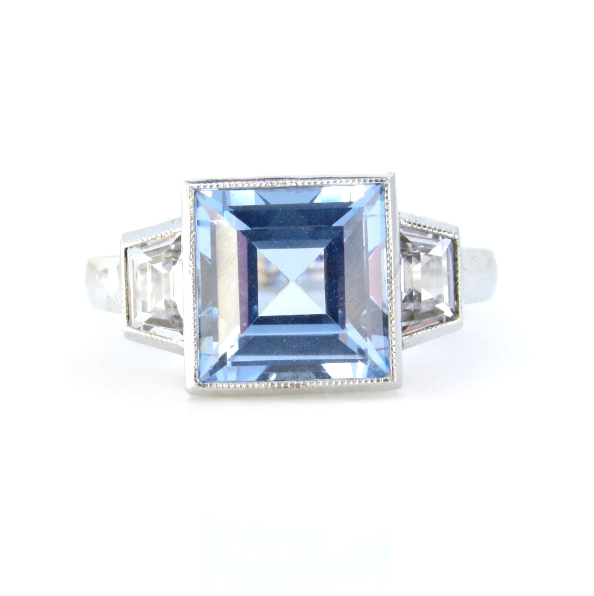 3 CT Princess Cut Aquamarine Spinel Engagement Ring, Milgrain Bezel Ring, Side Trapezoid White Sapphire Wedding Ring, Bridal Set Ring Wan Love Designs