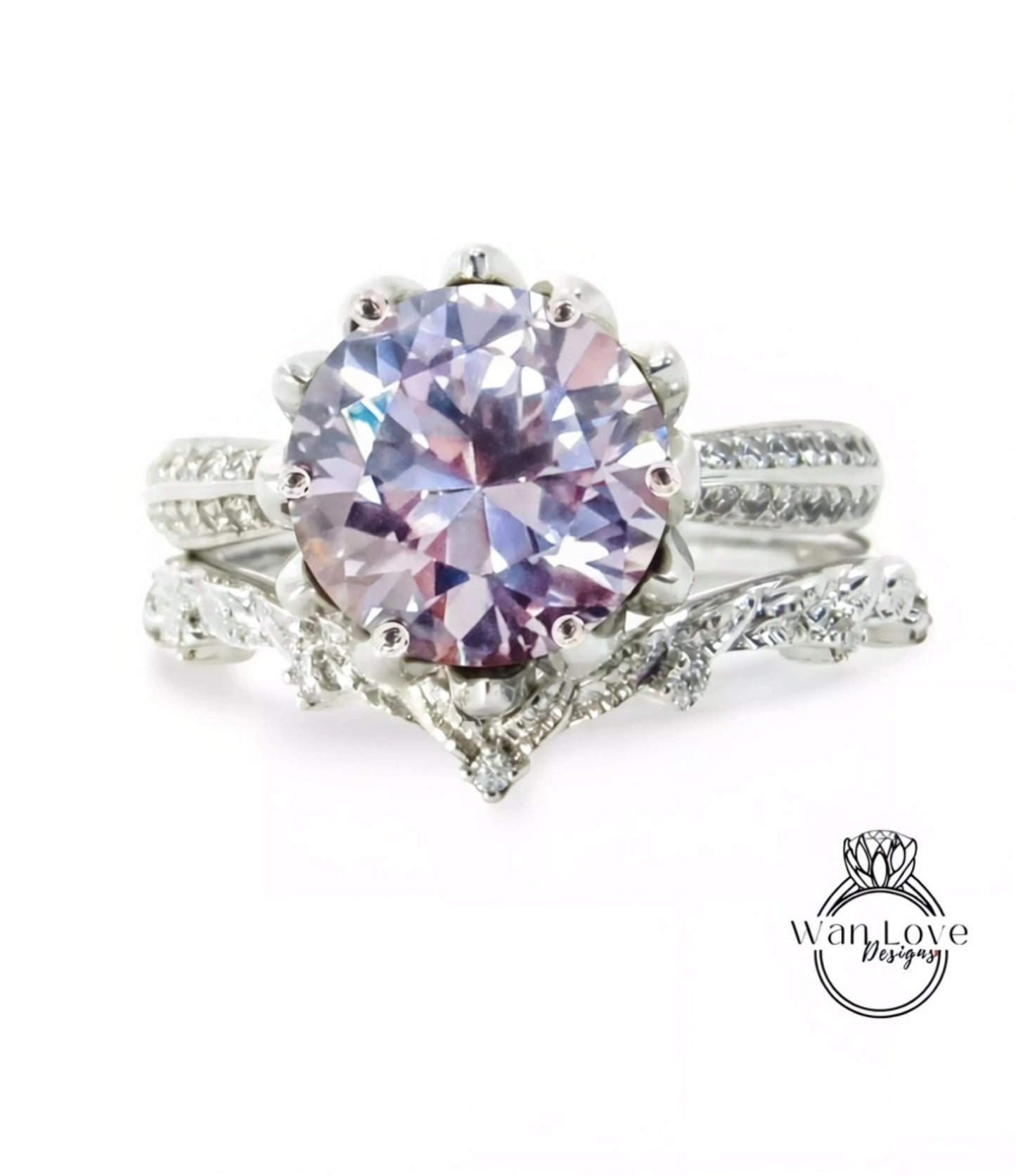 A stunning engagement ring with a large, round purple gemstone set in a silver band, surrounded by smaller diamonds.