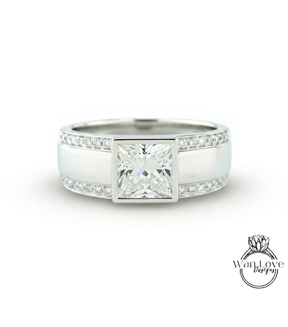 Men's Black Spinel Wedding Band | Square White Gold Men Band | Princess Cut Black Diamond Wedding Ring | Unique Men's Wedding Band