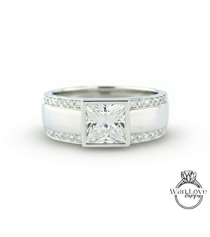 Moissanite Diamond Mens Ring, 14k white gold diamond men's ring, 2 row mans diamond ring, Modern gemstone ring, 14K White Gold, Wedding Band