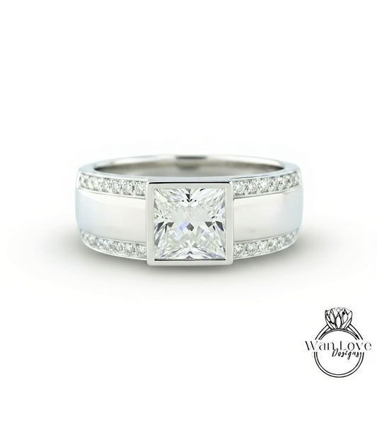 Moissanite Diamond Mens Ring, 14k white gold diamond men's ring, 2 row mans diamond ring, Modern gemstone ring, 14K White Gold, Wedding Band