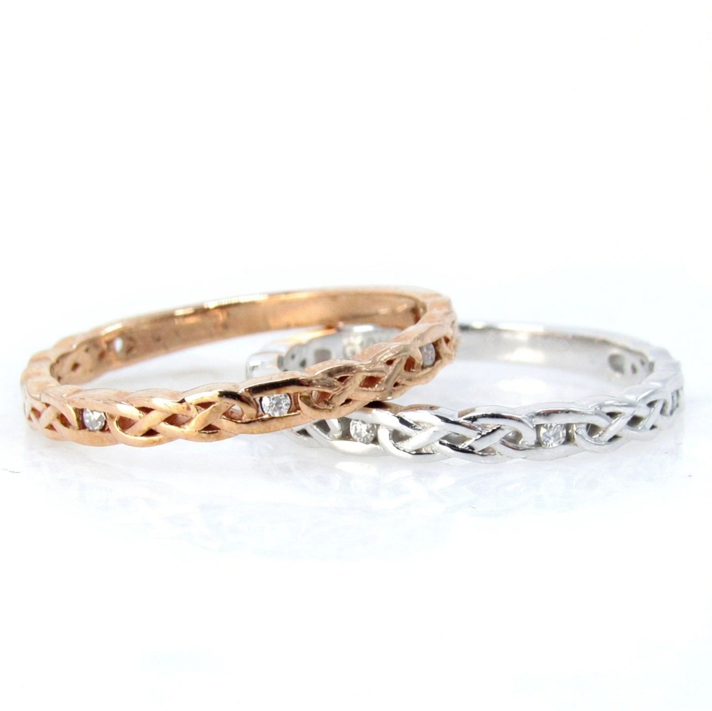 Moissanite Celtic Knot Braided Infinity Twist Split Shank womans Wedding Band Ring Rose or White Gold Custom Anniversary Gift Ready to Ship Wan Love Designs