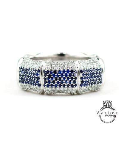 Blue Sapphire & Lab Diamond Bamboo Wedding Band, Mens, Mans Ring, CZ, Custom, Engagement, Anniversary Gift, Commitment, Ready to Ship