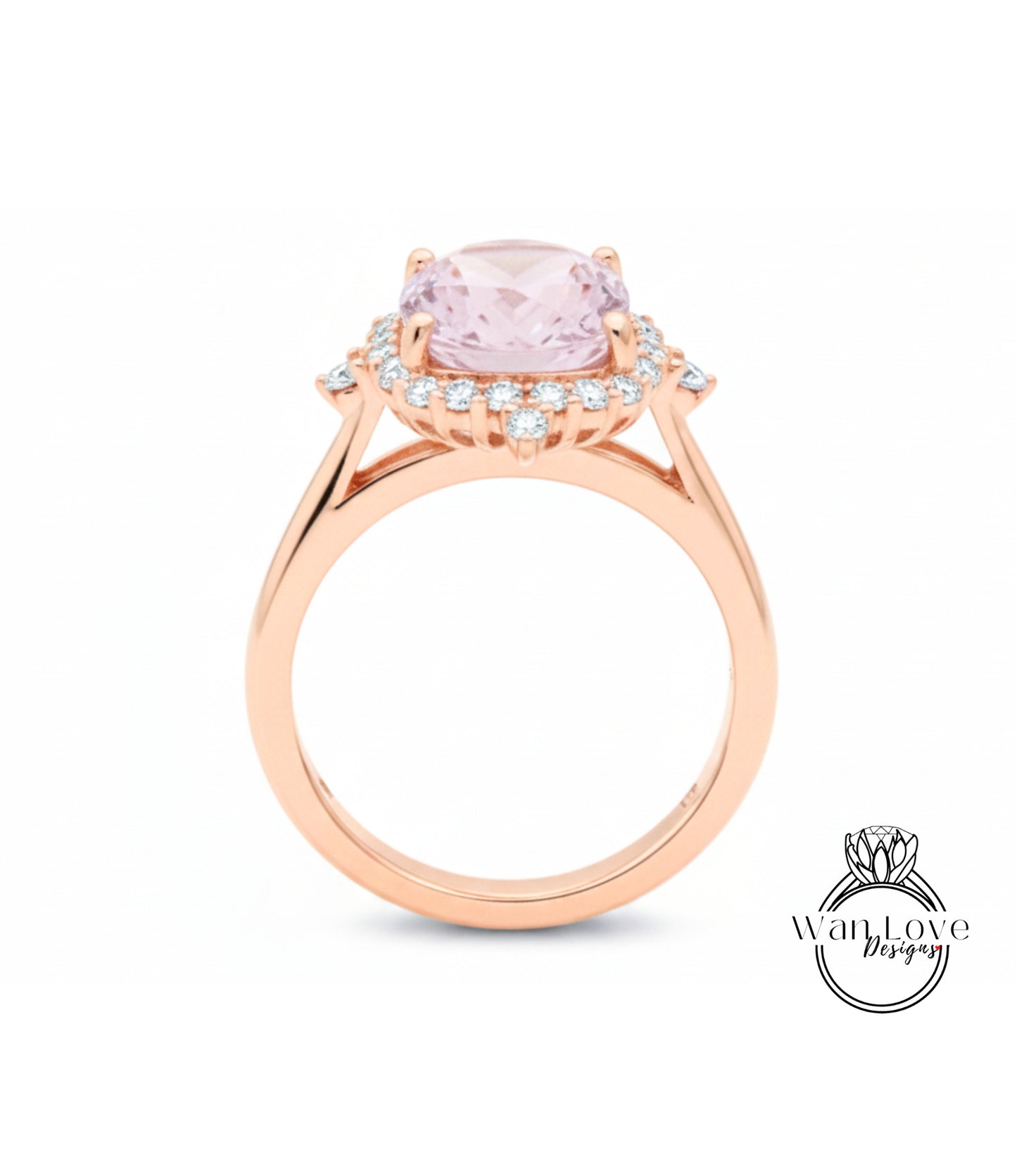 A rose gold ring with a large pink gemstone set in the center, surrounded by smaller diamonds.