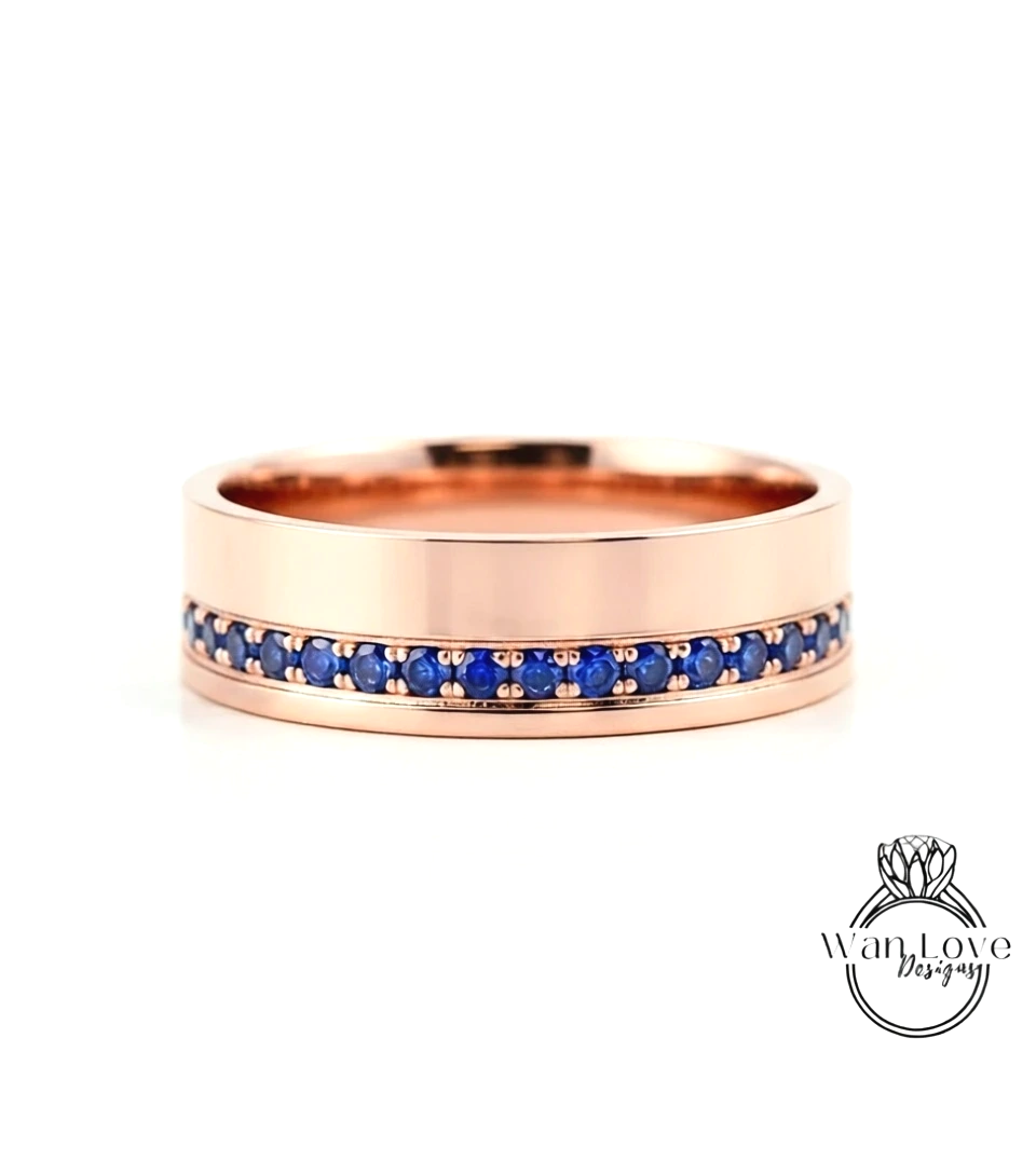 Diamond Mens Wedding Band, Bottom or Top row gems Cigar Band, 14k White Rose Gold Ring, Mens Band, Mans Birthstone Commitment Band