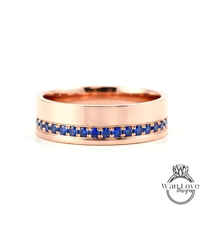 Diamond Mens Wedding Band, Bottom or Top row gems Cigar Band, 14k White Rose Gold Ring, Mens Band, Mans Birthstone Commitment Band