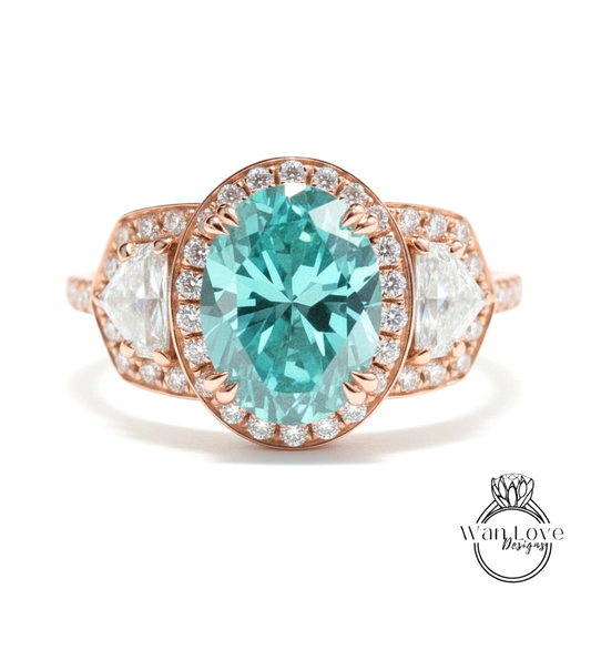 A beautiful ring featuring a large oval-shaped gemstone surrounded by smaller diamonds, set in a rose gold band.