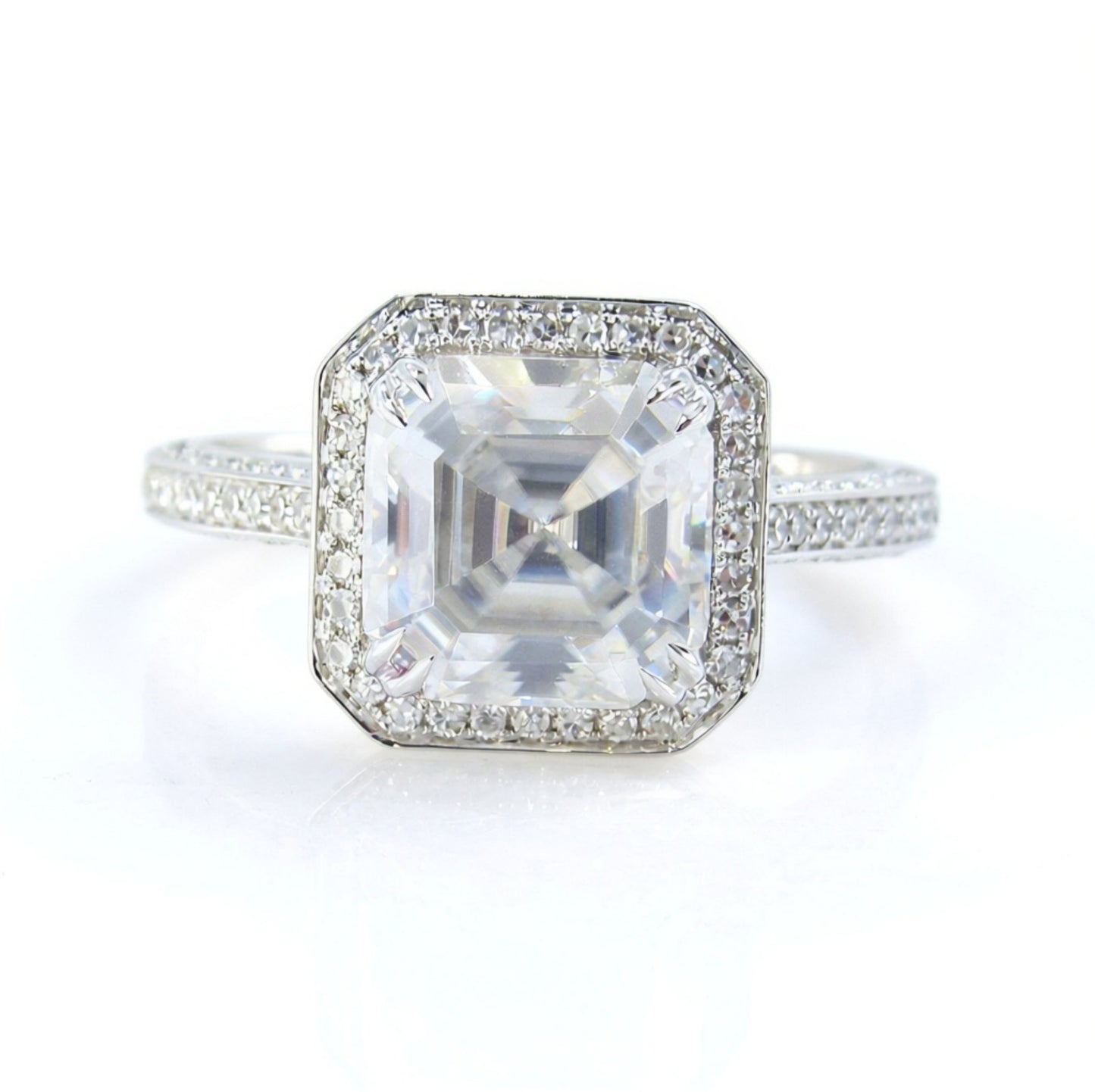 Moissanite & Diamond Asscher Halo Engagement Ring, 3 sided shank, 2.5ct, 8mm, Custom, Wedding,White Gold-Ready to Ship Wan Love Designs