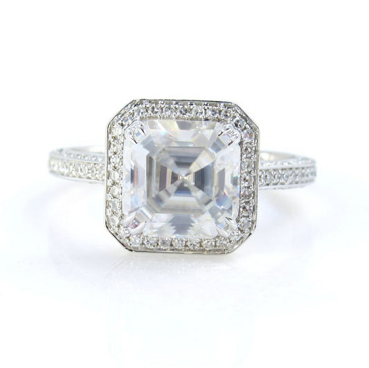 Moissanite & Diamond Asscher Halo Engagement Ring, 3 sided shank, 2.5ct, 8mm, Custom, Wedding,White Gold-Ready to Ship Wan Love Designs