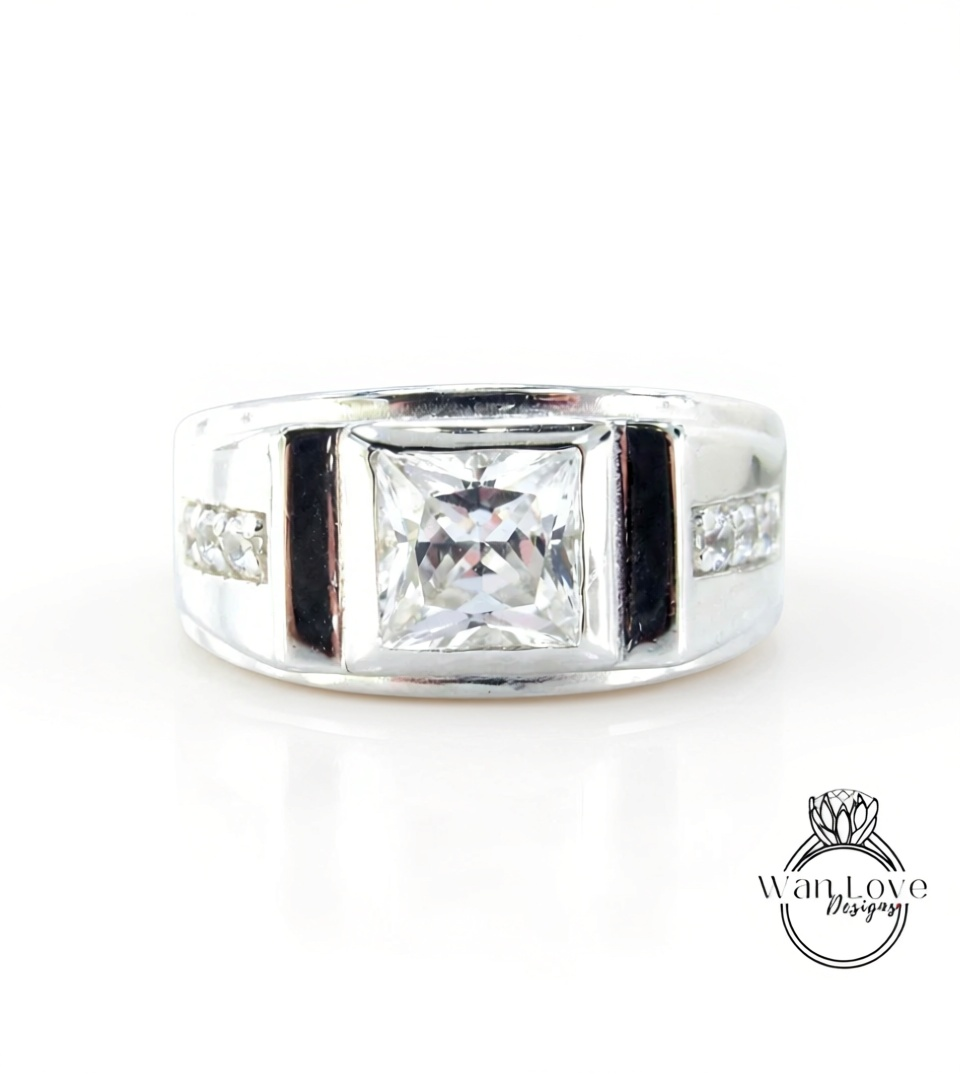 White Sapphire Mens Princess Wedding Band Jewelry Engagement Ring 2.5ct Round mans wedding commitment ring gents Promise Ring Ready to Ship