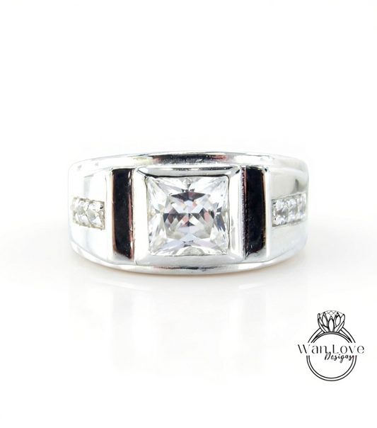 White Sapphire Mens Princess Wedding Band Jewelry Engagement Ring 2.5ct Round mans wedding commitment ring gents Promise Ring Ready to Ship