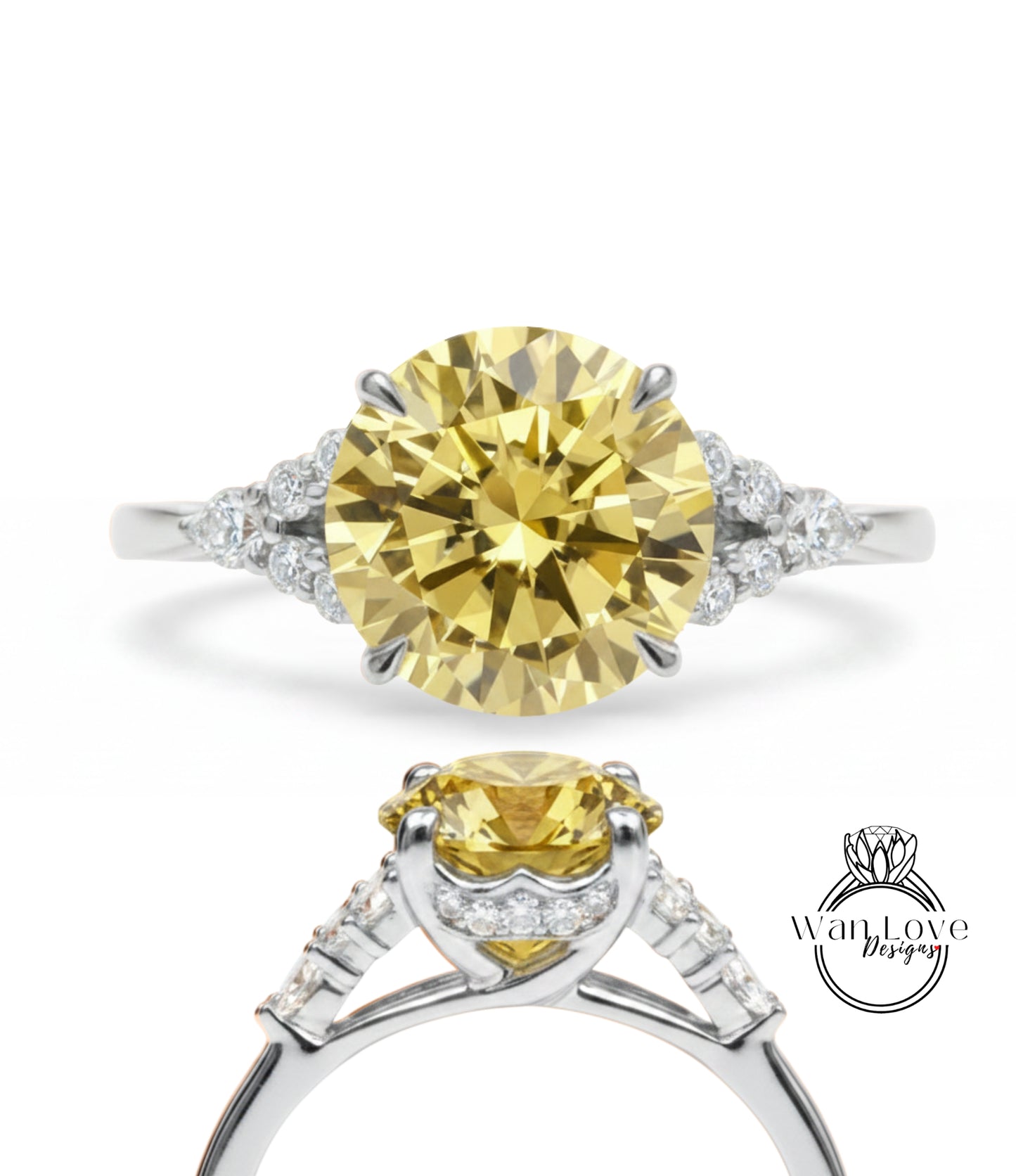 A yellow diamond engagement ring with a silver band and small diamonds.