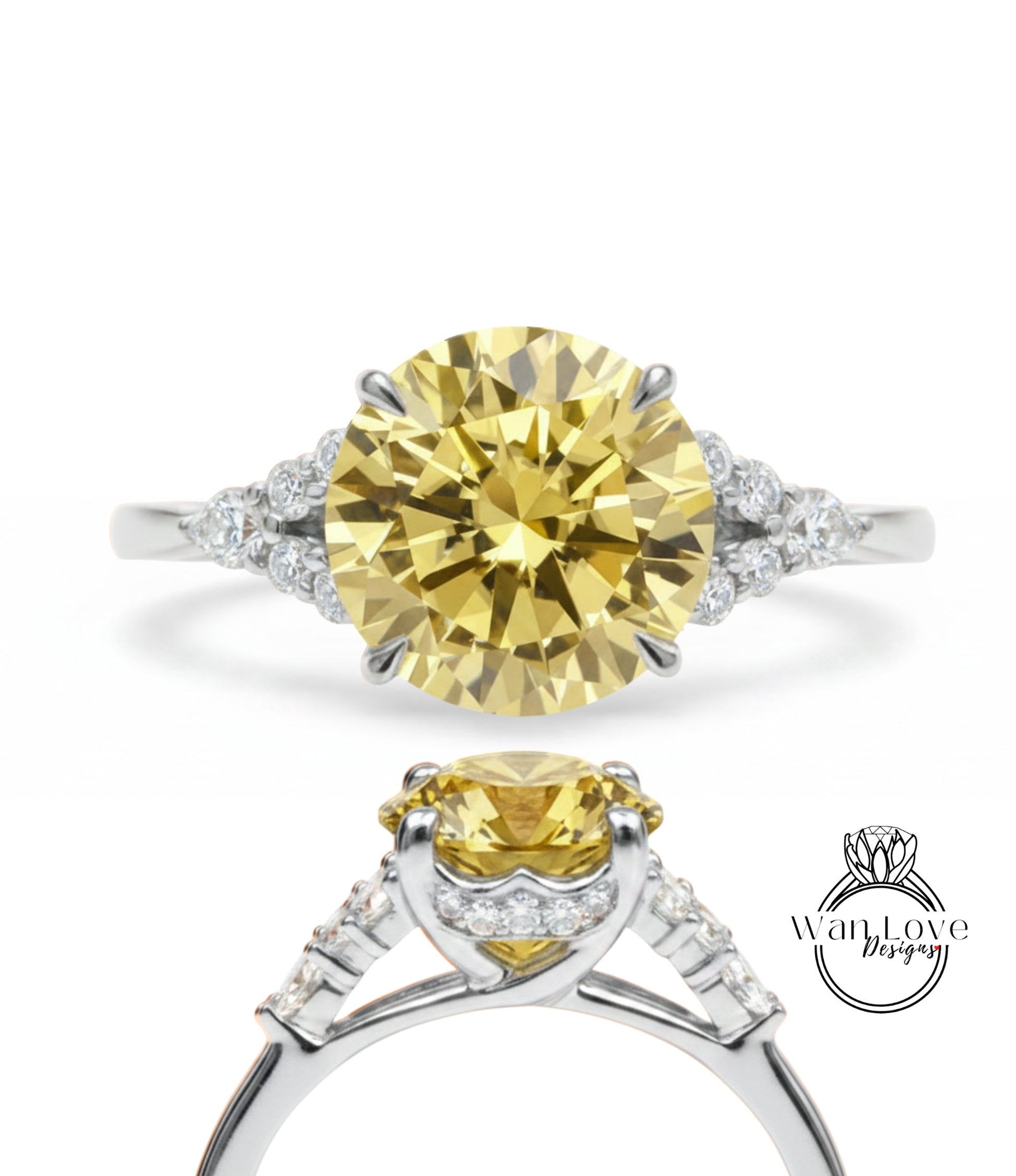 A yellow diamond engagement ring with a silver band and small diamonds.
