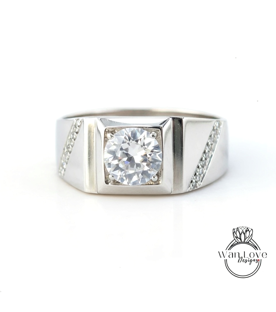 Mens White Sapphire & Diamond Wedding Ring-Round-Diagonal Bands-1.5ct-7mm-Silver Rhodium-Size 9.5-Anniversary Goft-Engagement-Ready to ship