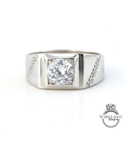 Mens White Sapphire & Diamond Wedding Ring-Round-Diagonal Bands-1.5ct-7mm-Silver Rhodium-Size 9.5-Anniversary Goft-Engagement-Ready to ship