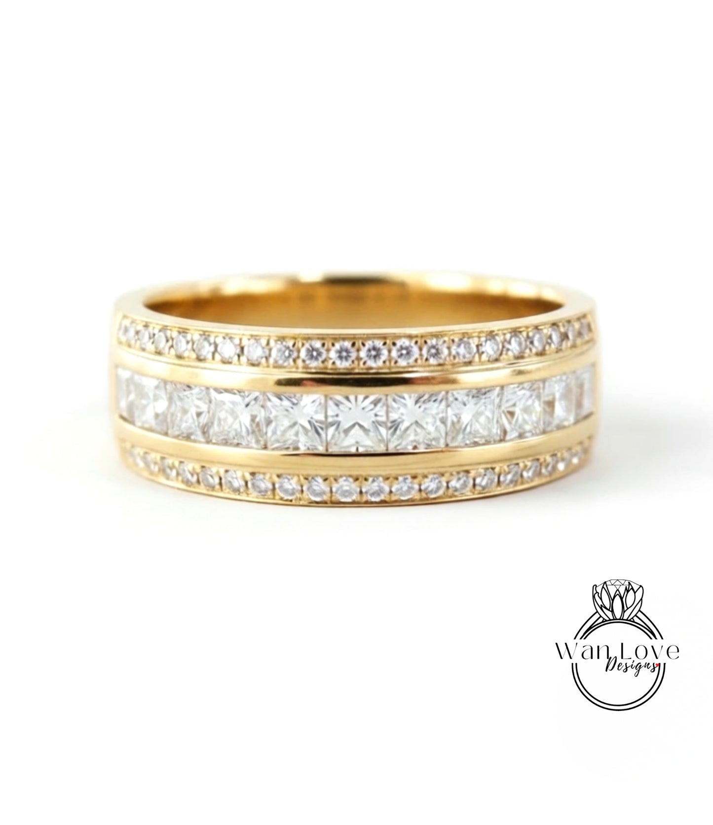 A gold band ring with a row of diamonds set in the center, showcasing a beautiful and elegant design.