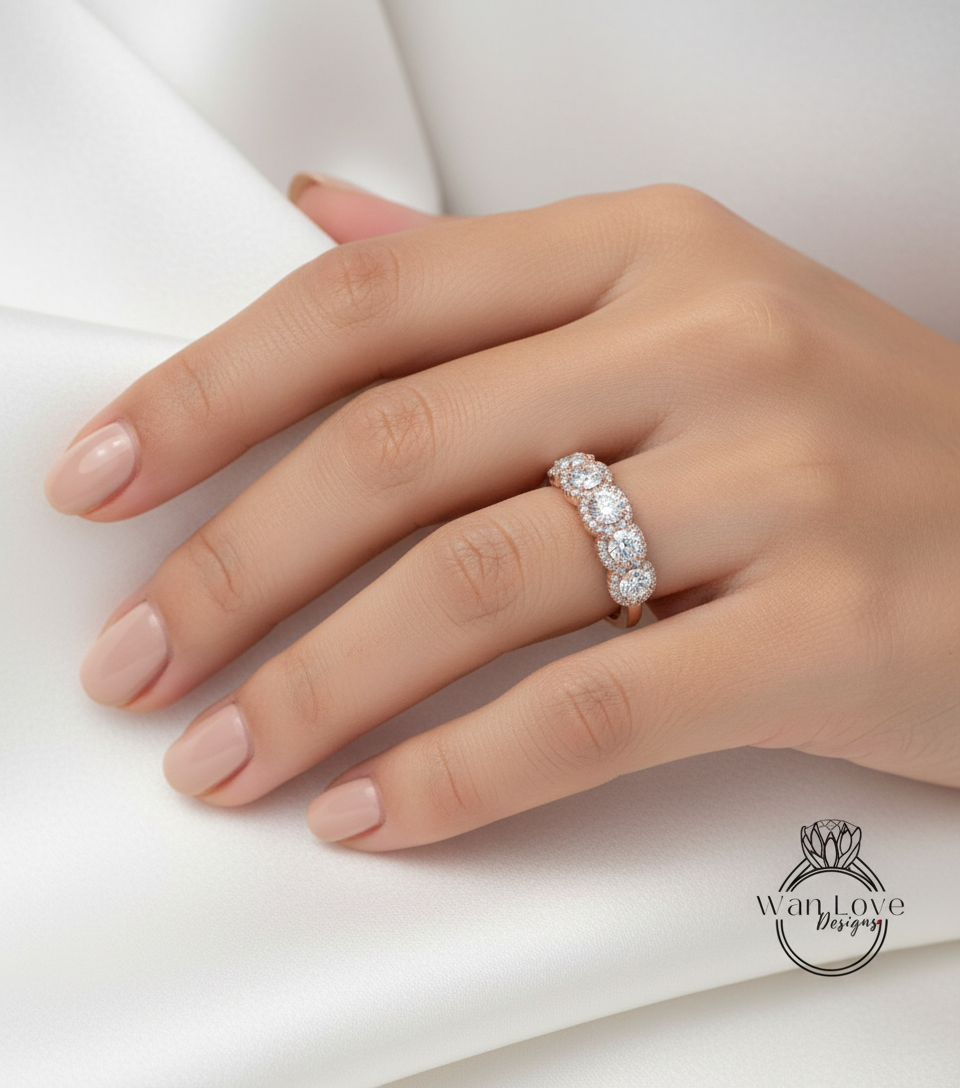 14k Rose Gold ring Diamond Halo Wedding Band 5 gemstone Moissanite Lab Diamond halo Wedding Ring 5 Stone Birthstone Choice Anniversary Ring