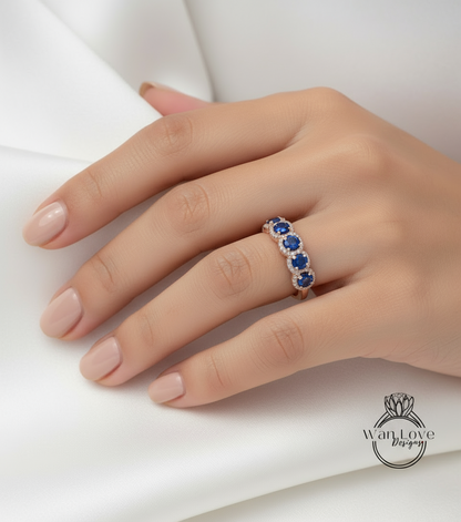 5 gemstone Blue Sapphire Diamond Halo Wedding Band 14k Rose Gold ring Moissanite Lab Diamond halo 5 gem Stone Birthstone Anniversary Ring