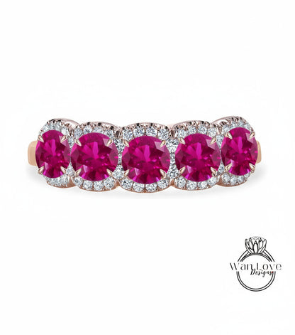 5 gemstone Blue Sapphire Diamond Halo Wedding Band 14k Rose Gold ring Moissanite Lab Diamond halo 5 gem Stone Birthstone Anniversary Ring