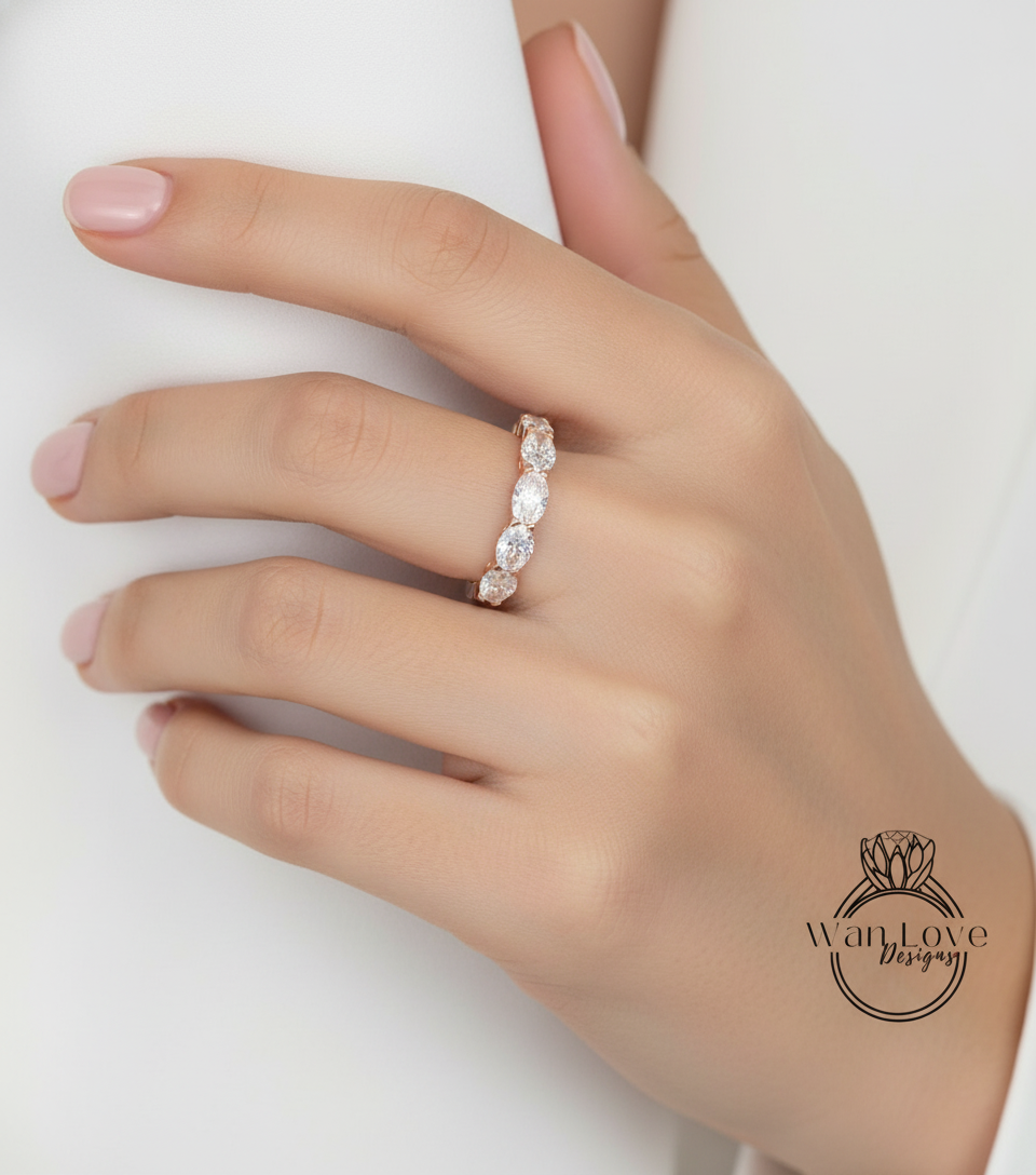 East West Fede nuziale Moissanite Anello Vintage Oro rosa Taglio ovale Fede nuziale unica da donna Fascia abbinata impilabile Set da sposa regalo di promessa