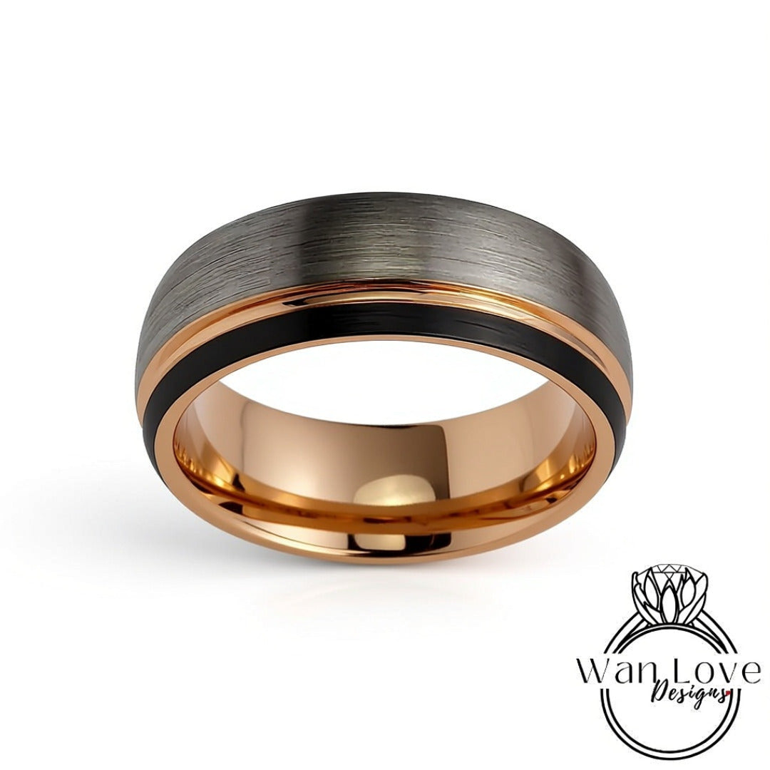 Brushed Tungsten Ring with Black & Rose Gold - Mens Brushed Silver Wedding Band - Rose gold stripe Ring, Mens 8mm Ring,Tungsten Wedding Ring Wan Love Designs