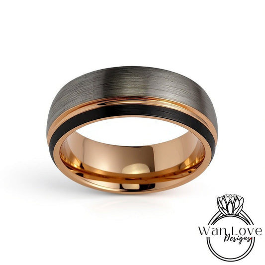 Brushed Tungsten Ring with Black & Rose Gold - Mens Brushed Silver Wedding Band - Rose gold stripe Ring, Mens 8mm Ring,Tungsten Wedding Ring Wan Love Designs