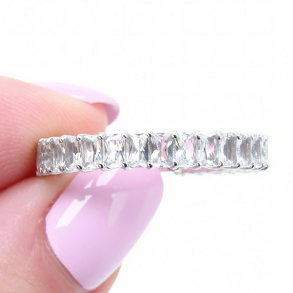 White Sapphire Emerald Radiant cut wedding Band 3/4 Almost Eternity Ring Art Deco Baguette White gold Anniversary promise ring Ready to Ship