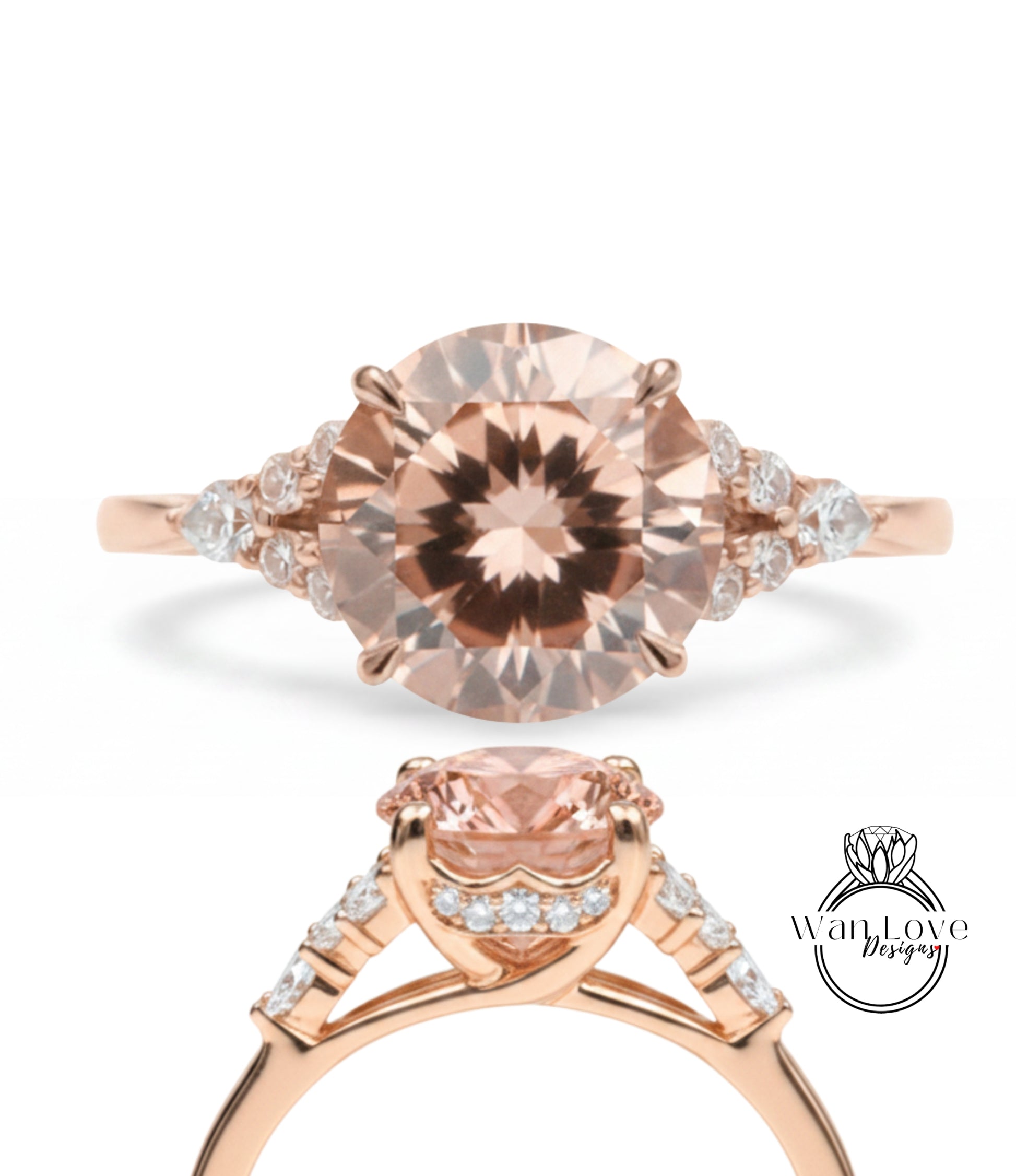 a beautiful rose gold engagement ring with a large oval-shaped gemstone set in the center. The ring is adorned with smaller diamonds around the gemstone, creating a stunning and elegant design.