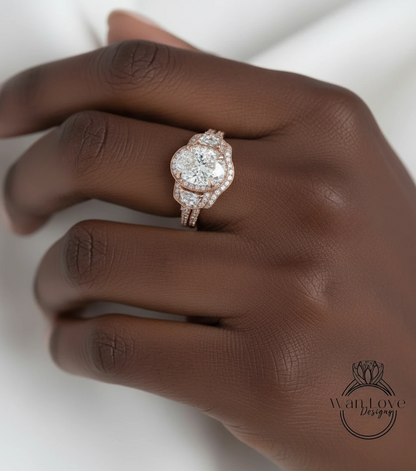 A close-up of a hand wearing a large, ornate diamond engagement ring.