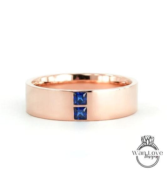 Rose gold Blue Sapphire men's Band vintage two stones princess cut wedding ring unique Bridal ring promise anniversary ring solid gold band